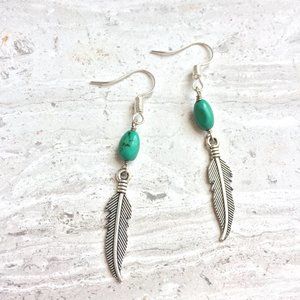 Turquoise Stone and Silver Feather Earrings